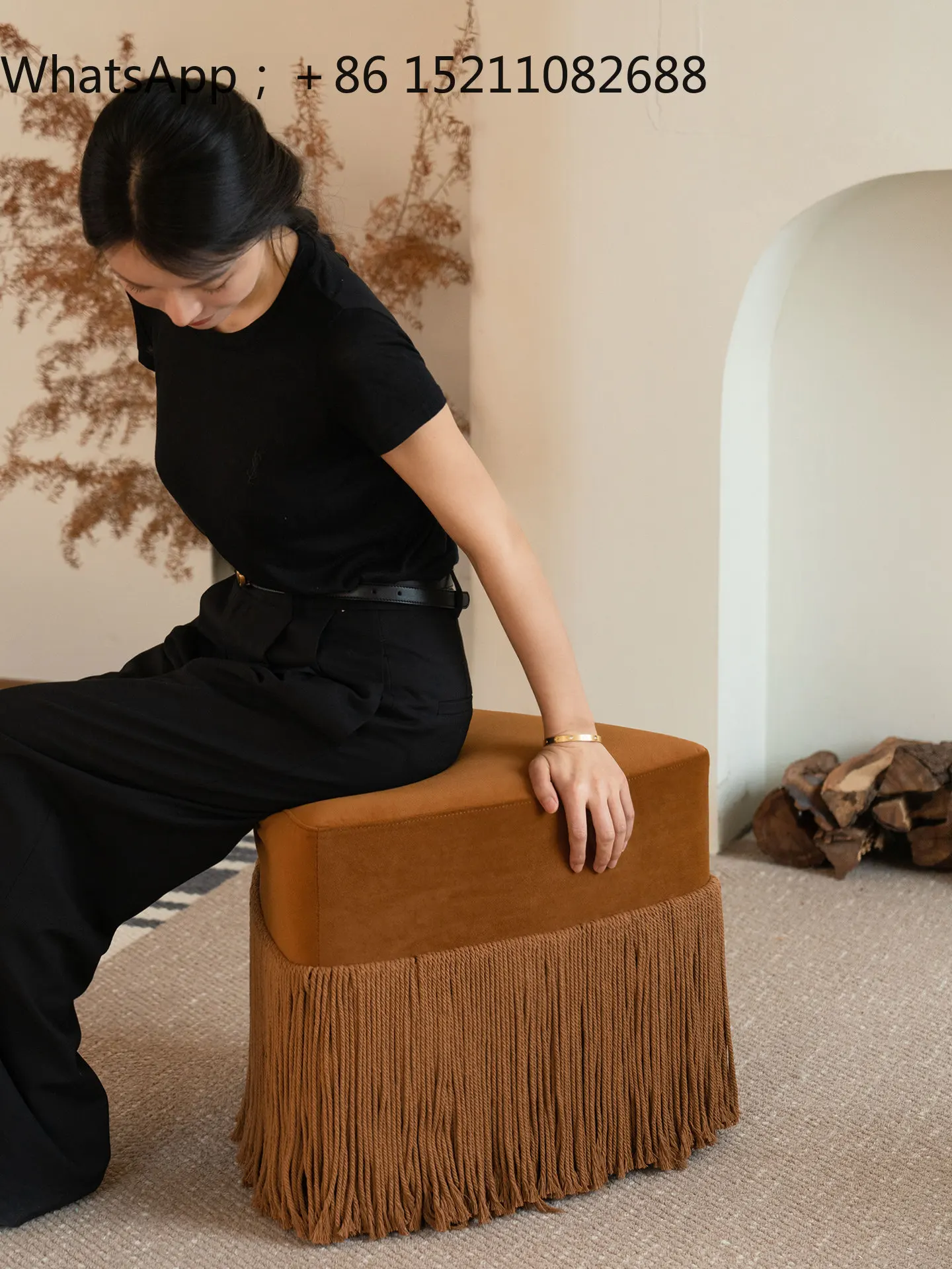 SCY B & B sofa stool fringed edge pedal stool solid wood round table matching beige sofa stool