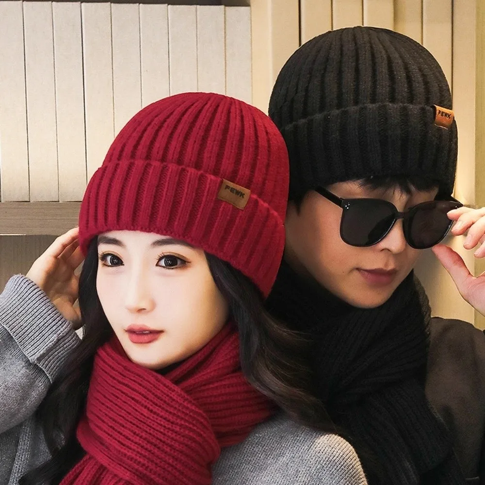 Conjunto de 2 uds. De gorro tejido a prueba de viento a la moda, bufanda de felpa gruesa, gorro para hombre, bufanda cálida suave Simple para exteriores