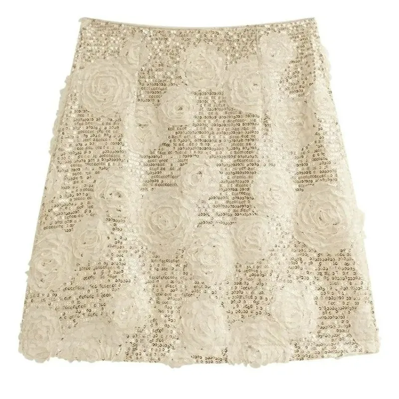 

Новая летняя облегающая юбка на бедрах, женская шикарная цветочная белая юбка с пайетками, французская темпераментная короткая юбка трапециевидной формы с высокой талией Y2k