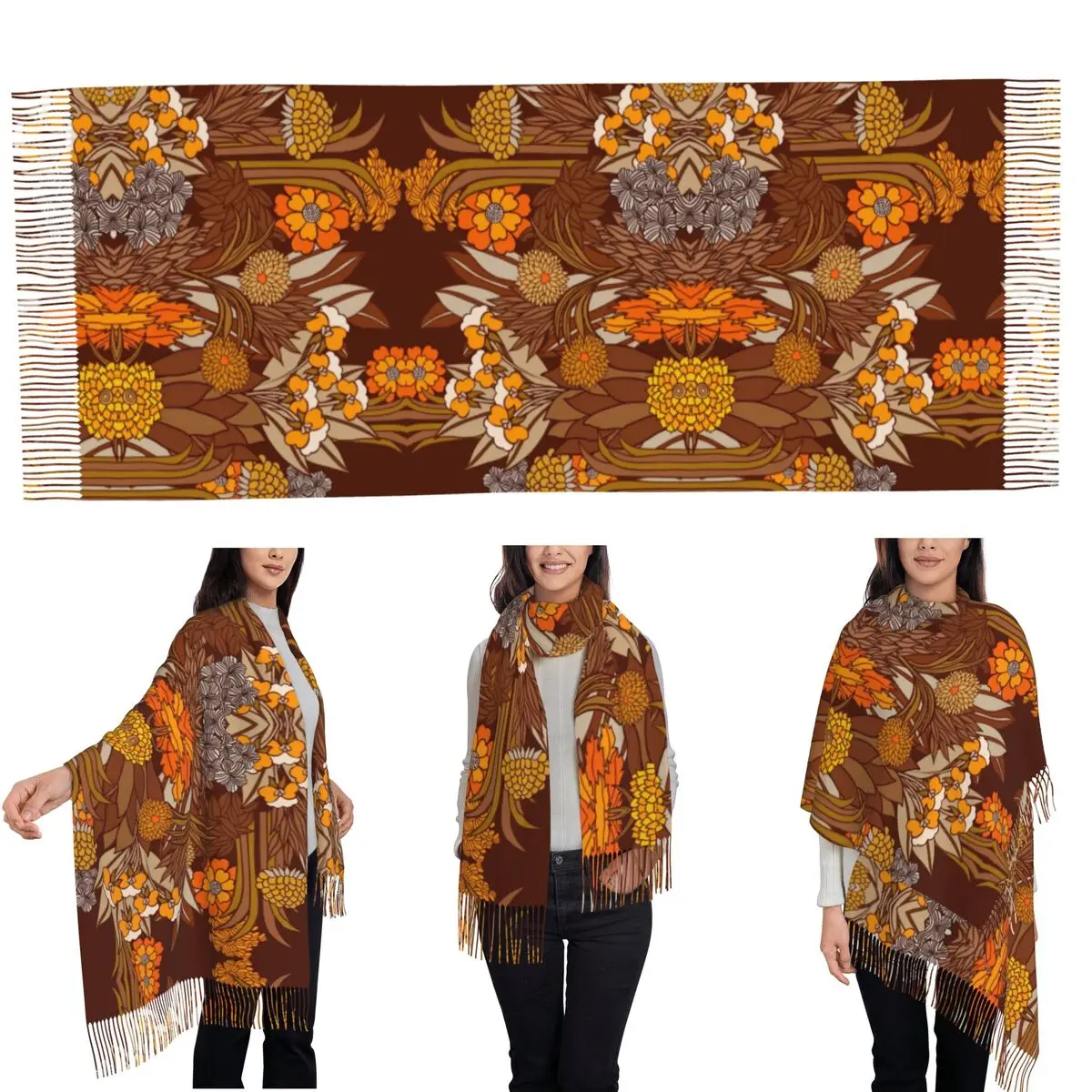 70s Retro Garden Scarf Tassel Scarves Women Soft Warm Shawls and Wraps Long Fall Winter Shawl Wrap