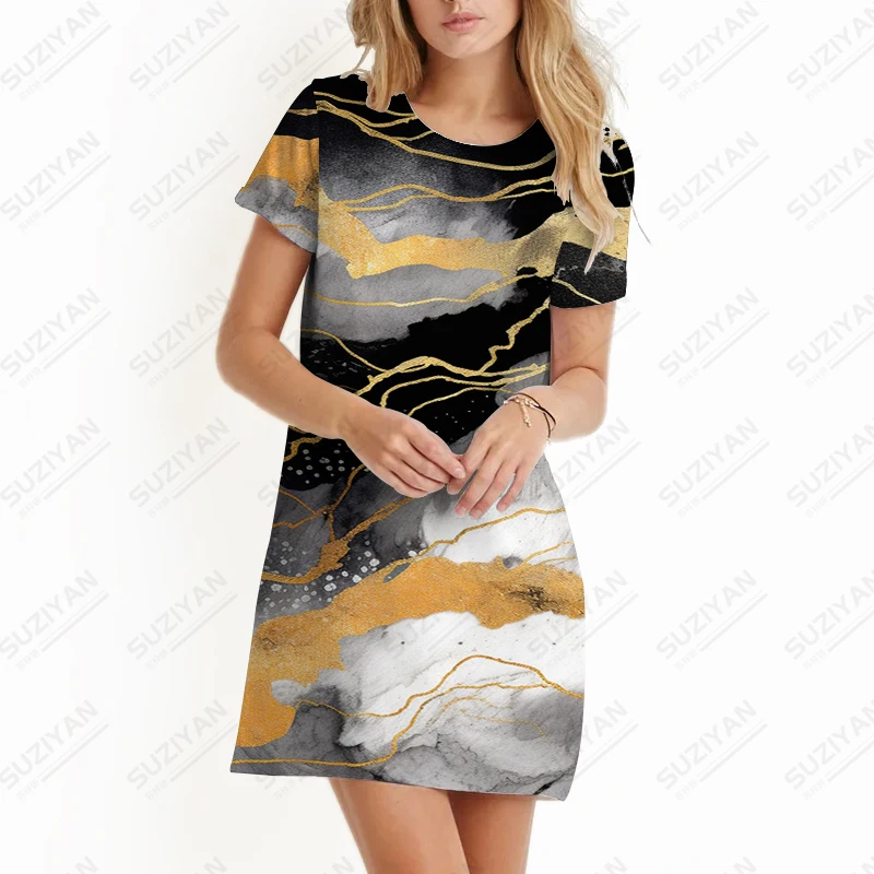 Summer Ladies Short Sleeve Dress Marble Texture 3D Printing Dress Holiday Beach Short Sleeve Dress Simple Versatile Dress