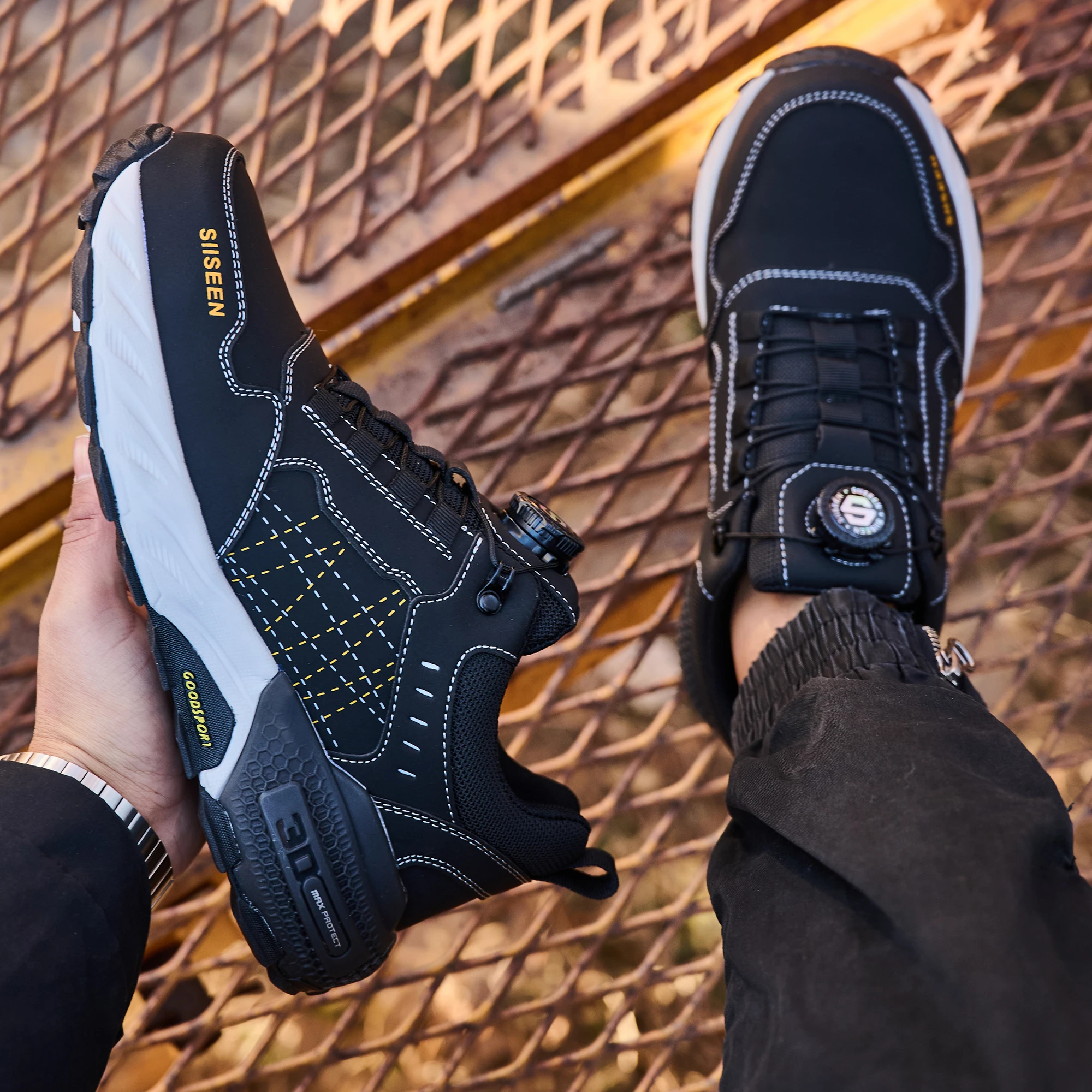 أحذية أمان رجالية بمقدمة فولاذية مضادة للسحق من كيفلر، أحذية عمل خارجية أنيقة، أحذية صناعية على شكل زر