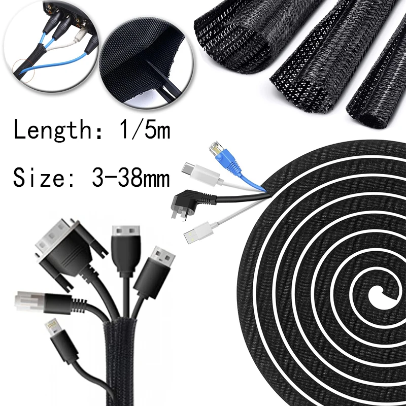 1-5m PET Braided Expandable Cable Sleeve 3-38mm Flexible Self Closed Insulated Wrap Pipe Tube Line Protector Wire Organizer