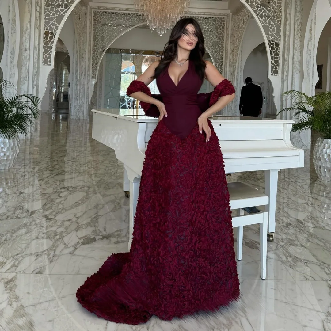 

V Neck Burgundy Evening Dresses Woman 3D Floral vestidos de noche Exquisite Prom Dress Formal Wedding Party Gown Customized