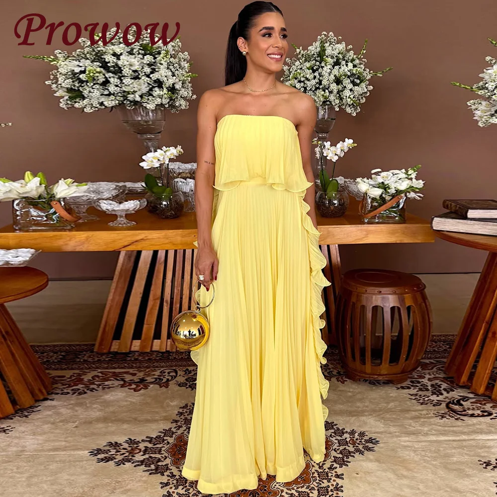 

Prowow Elegant Yellow Prom Party Dress Customized Pleat Satin Strapless Evening Gown Floor Length Ruffle فستان بيكو
