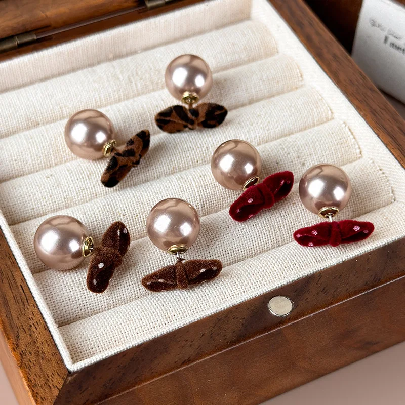 Retro Leopard Print Pearl Bow Stud Earrings Flocked Polka Dot Reversible Earrings for Fall Winter Fashion Niche Style