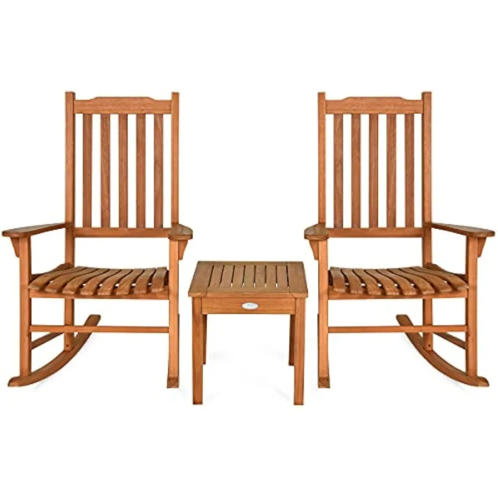 Juego de mecedora de 3 piezas, muebles de exterior de madera con dos sillas de conversación y mesa decorativa