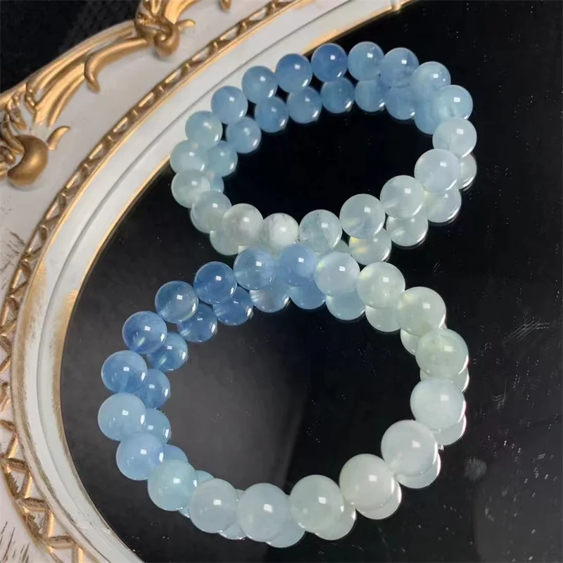 10MM Natural Gradient Aquamarine Bracelet Fashion Energy Stone Reiki Healing Crystal Strand Fengshui Gift 1PCS