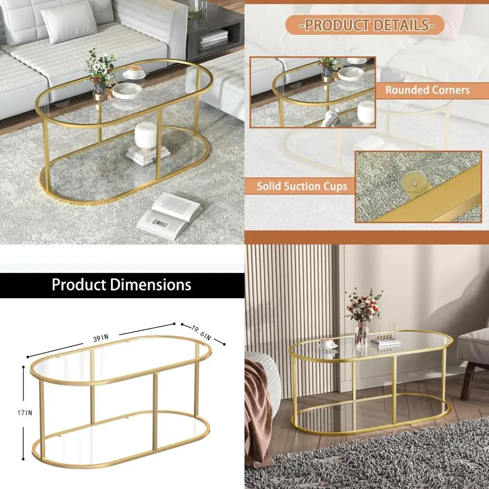 

Coffee Table Gold Glass Coffee Table for Living Room,2 Tiers Oval Center Table with Sturdy Metal Frame,Modern Tempered Glass Acc
