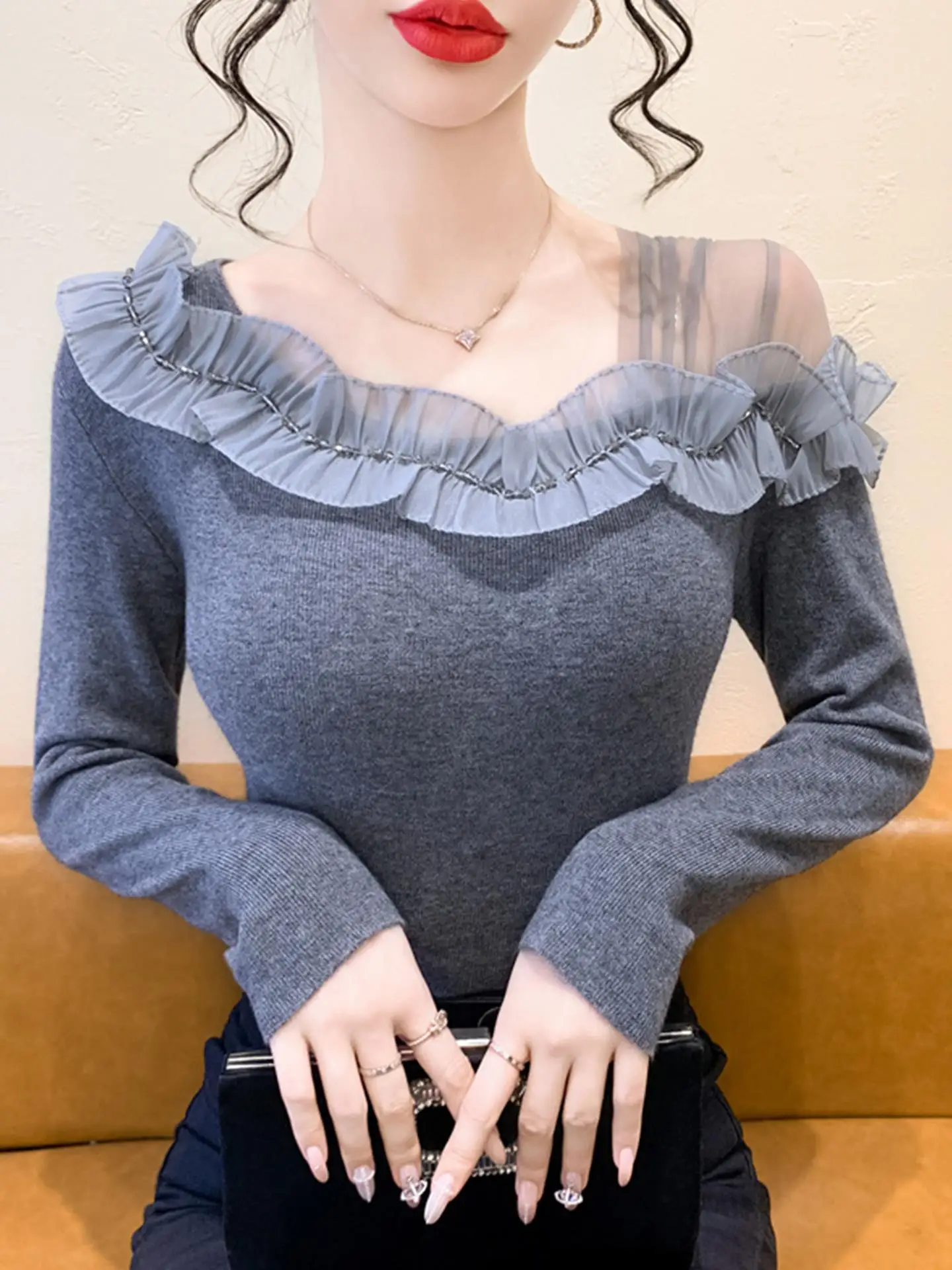 

Faionable oulder Bared Long Sve Knitted Sweater Women's Slim Fit Inner Wear Base Top Korean Sle Commute Soft Material