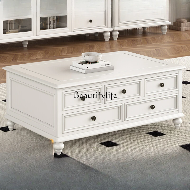 

American rural all-solid wood coffee table pure solid wood living room multi-storage ivory white