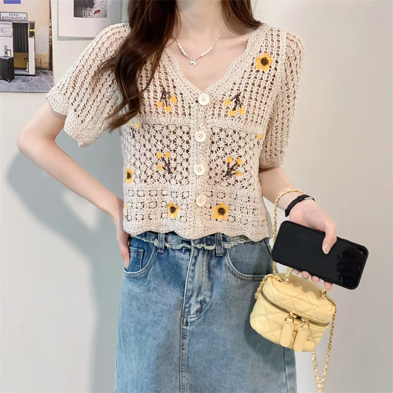 Sheer Crochet Cardigan Embroidery Floral Short Sleeve Button Front Open Knit Top Blouse Women Summer Fairycore Aesthetic Outfit