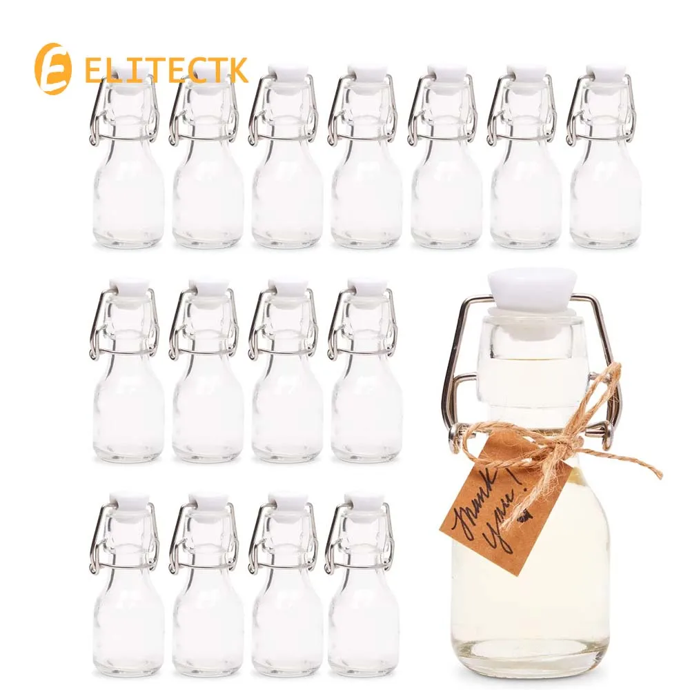 12PCS Mini Flip Top Glass Bottles with Stoppers Kraft Tags Jute Twine 60ML Swing Top Bottles for Wedding Themed Party Favors