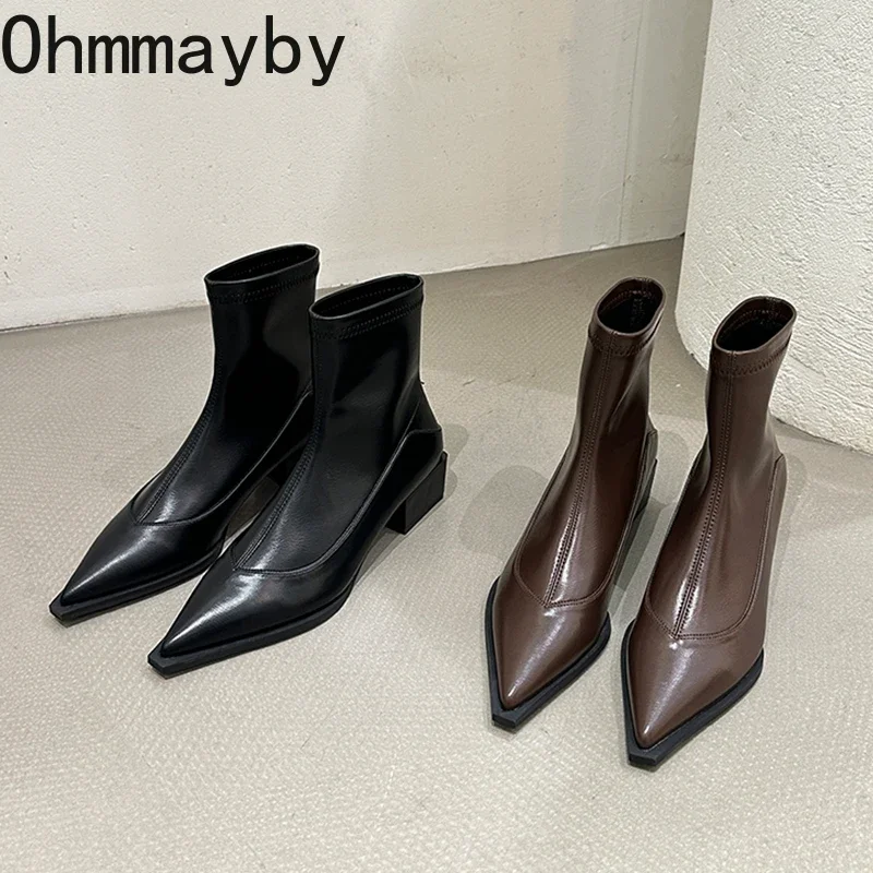 Vintage Pointed Toe Women Ankle Boots Fashion Elegant Soft Leather Shoes Autumn Winter Low Heel Women\'s Short Booties