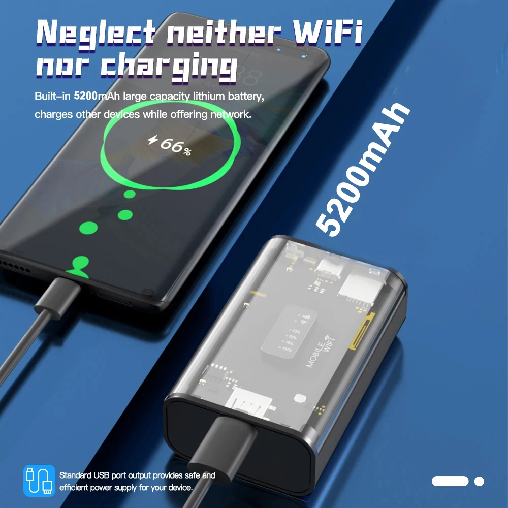 Kuwfi-ミニワイヤレスWi-Fiルーター、5200mah、lte、保護、4g、150mbps、屋外、旅行ホットスポット、SIMカードスロット、USB出力電源