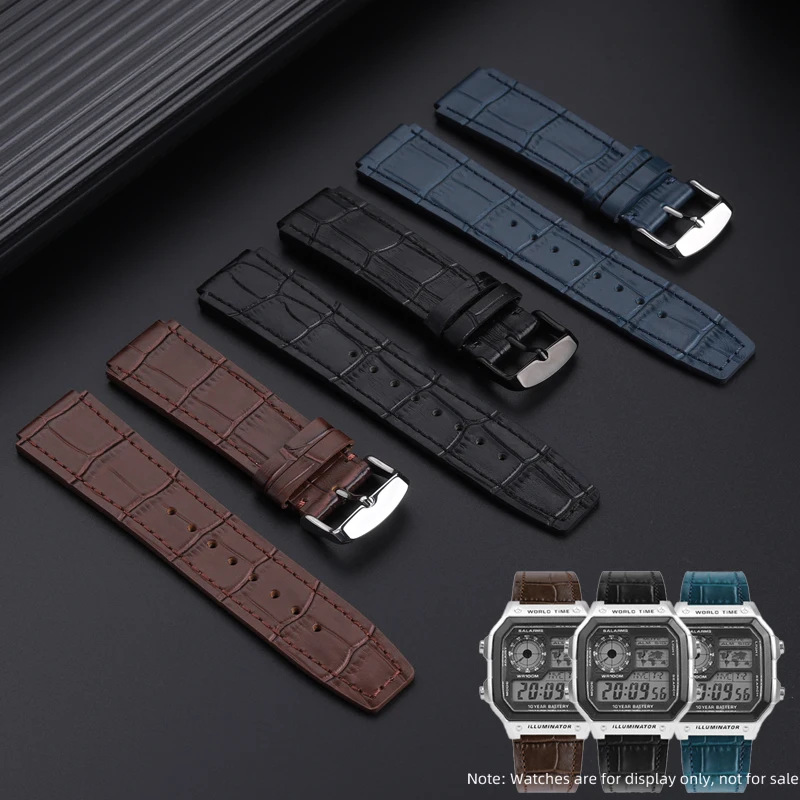 AE1200 AE1300 جلد البقر نمط التمساح حزام ل كاسيو مربع صغير تعديل أثار لينة جلد البقر الفرقة الرجال سوار ساعة 18 مللي متر