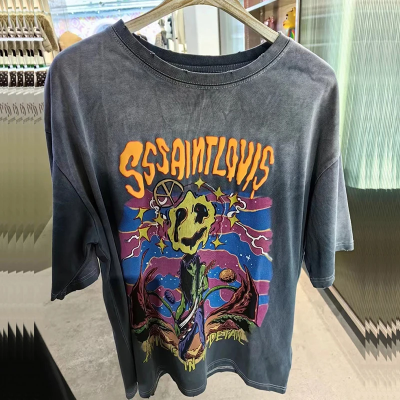 2024ss Vintage Wash Saint Louis T Shirts Rock Alien Printing High Street Chaopai Men Woman Best Quality Casual Top Tees