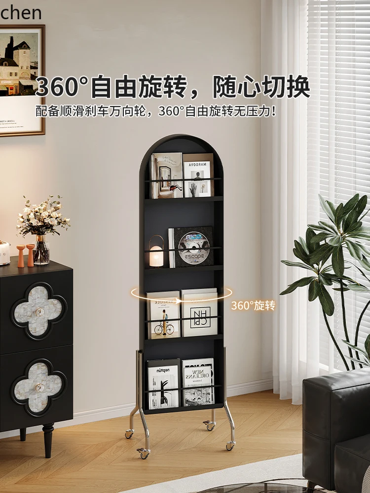 Hptetro estilo sala de estar estante rotativa piso-pé móvel espelho de comprimento total revista rack armário de armazenamento integrado