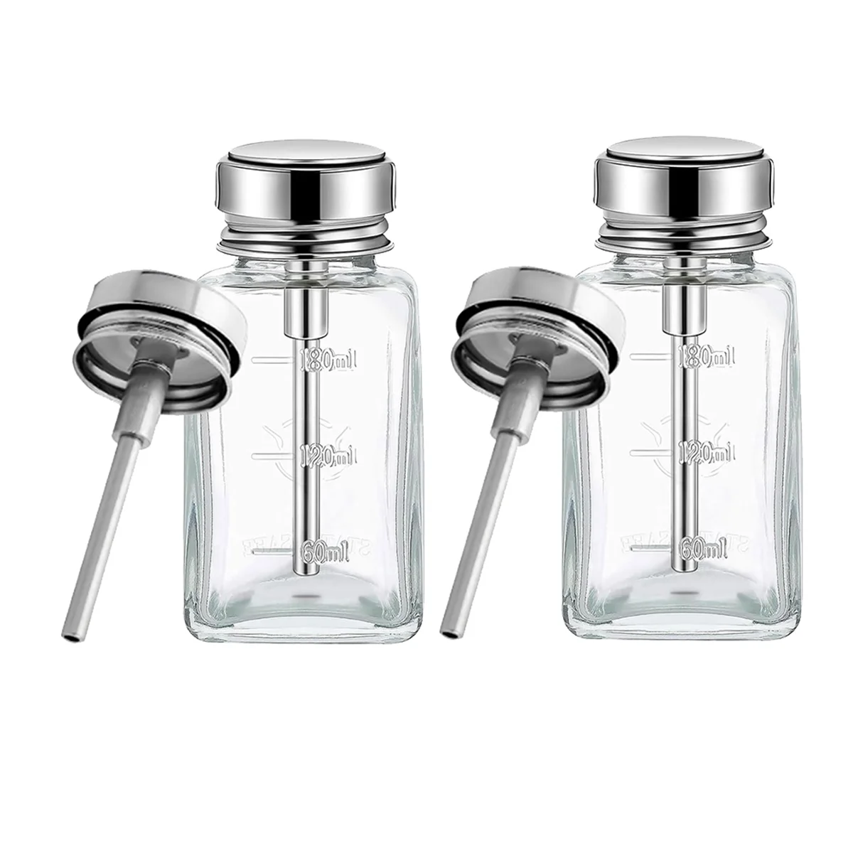 Botella dispensadora de bomba transparente de 180 Ml, 2 uds., con tapa abatible de Metal, botella dispensadora de empuje hacia abajo de vidrio