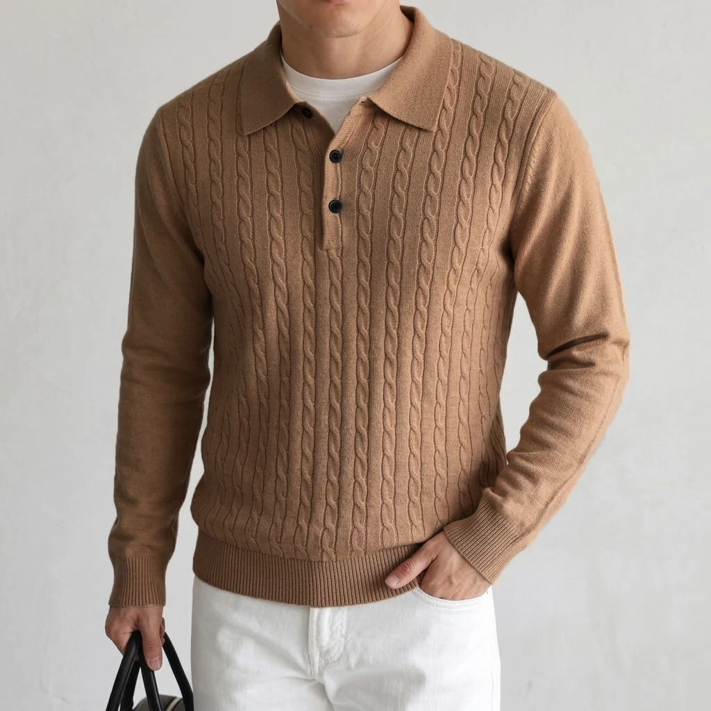 New Cable Knit Polo Sweaters for Men Long Sleeve Casual Button Collared Vintage Pullover Shirts Slim Fit Ribbed Winter Lapel Top