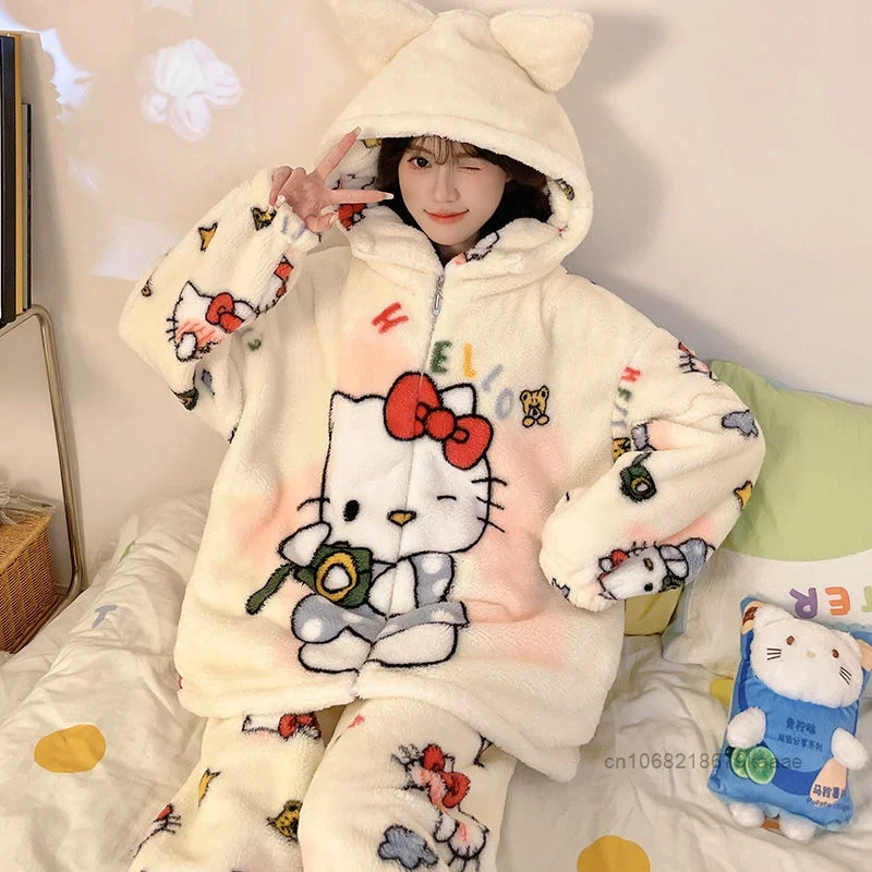 Hello Kitty Women Winter Coral Velvet Sleepwear New Thickened Long Sleeve Cute Home Clothes Sweet Y2k Girl Zipper Hooded Pajamas