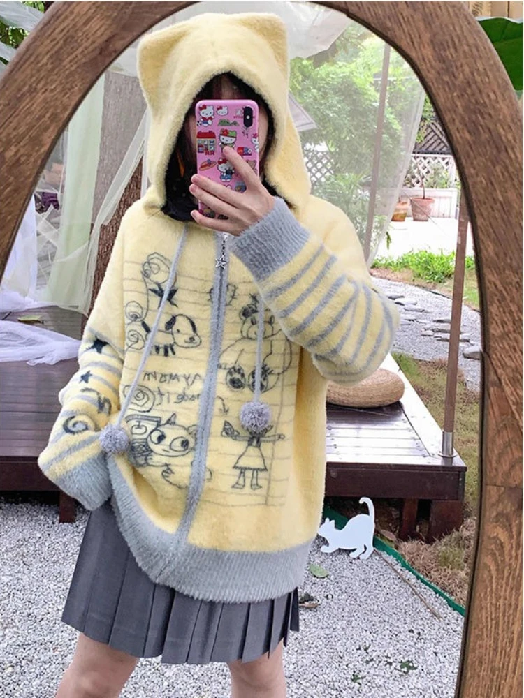 Damski sweter w stylu American Vintage z nadrukiem słodkiego graffiti, słodki kawaii, oversize, z kapturem, zimowy, dziergany, modny, dopasowany kardigan, nowy.