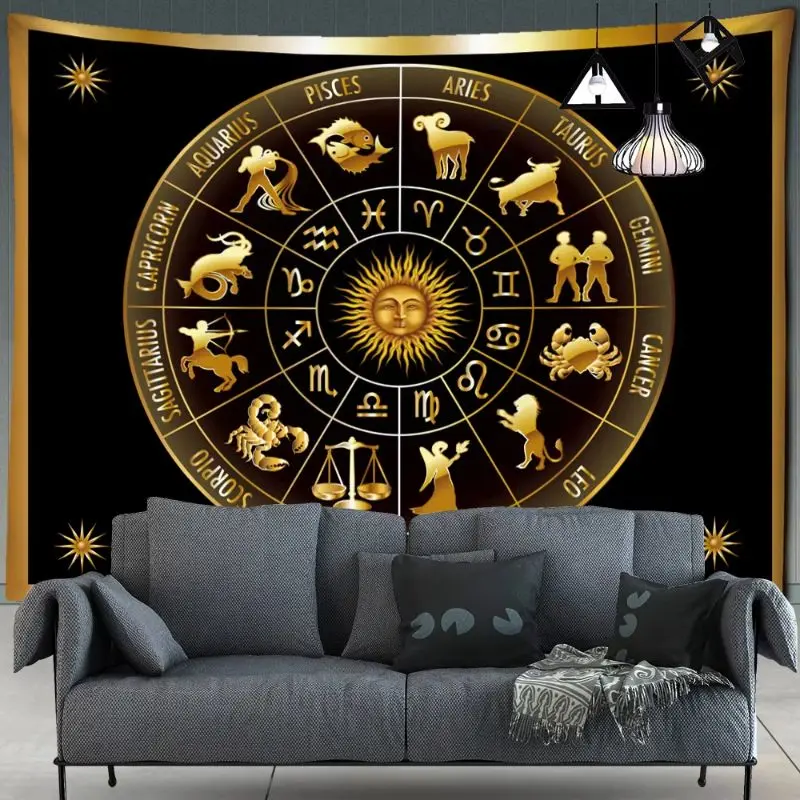 VIKAMA Midnight Wheel Tarot Gold Decorative Tapestry Wall Art for Girls Room Aesthetic Cute Kawaii Funky Colorful Home Decor