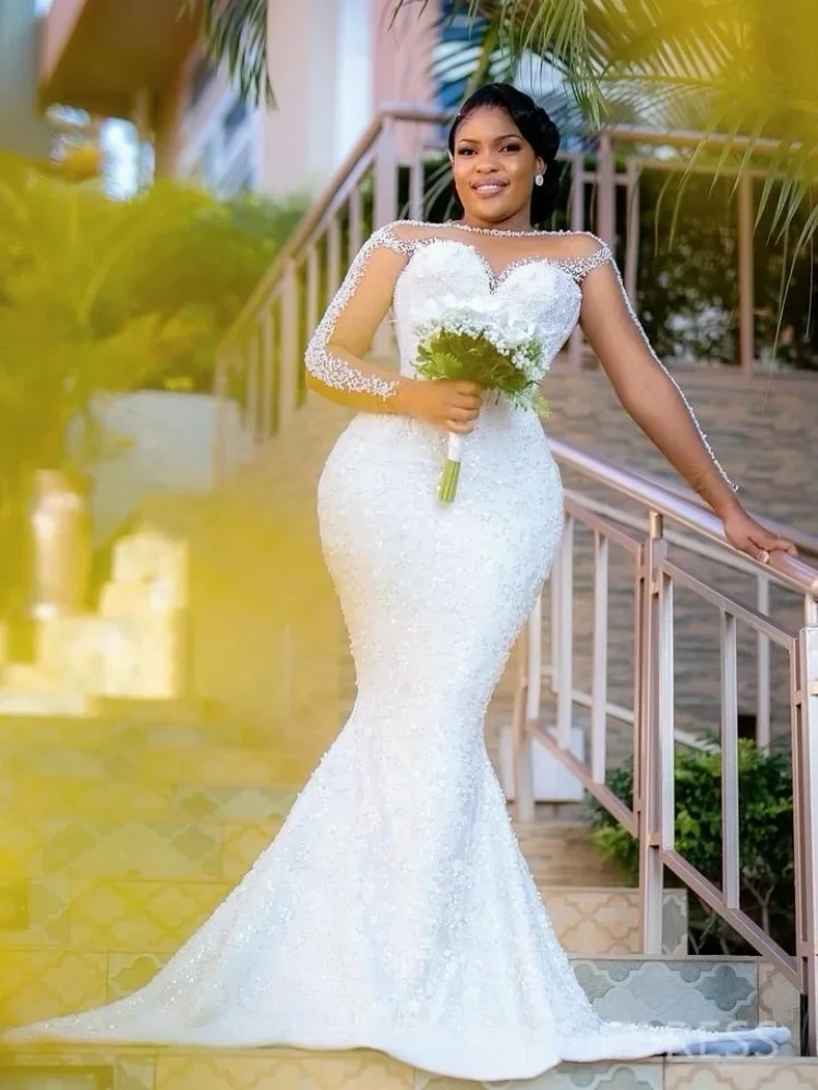 Customized Sheer Neck Sparkly Pearls Beads Wedding Dress Robe De Mariée Sweep Train Illusion Long  Sleeve Country  Bridal Gown