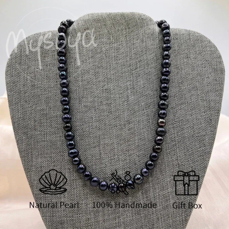 

MYSOYA 7-8mm Natural Black Freshwater Pearl Necklace Bracelet Set With Gift Box Birthday Wedding Jewelry Gift