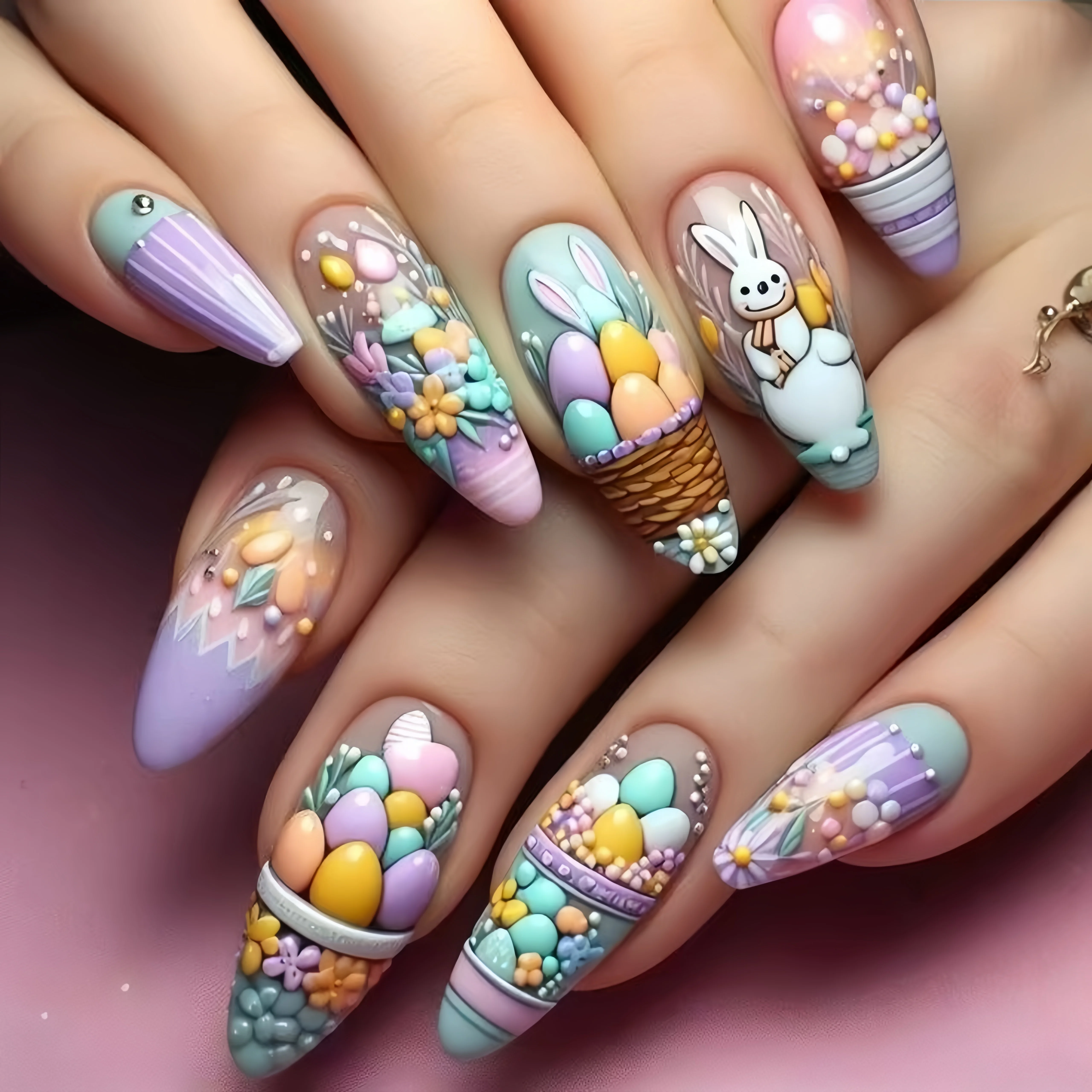 24-Piece Easter Egg Almond Nails, Macaron Soft Cute Girly Finished Nail Art, Glossy Removable Nail Pieces