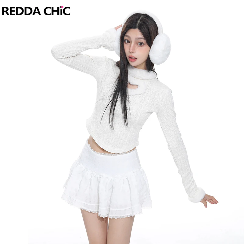 

REDDACHiC Hollow Plush Heart-shaped Women Cropped Top Irregular Cable Knit Long Sleeves Pullover Jumper Autumn Winter Undershirt