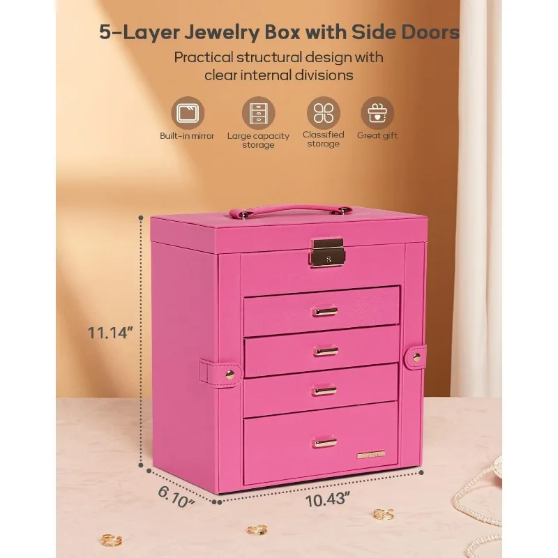 Synthetic Leather Huge Jewelry Box Mirrored Watch Organizer Necklace Ring Earring Storage Lockable Gift Case (Pink + Gold)