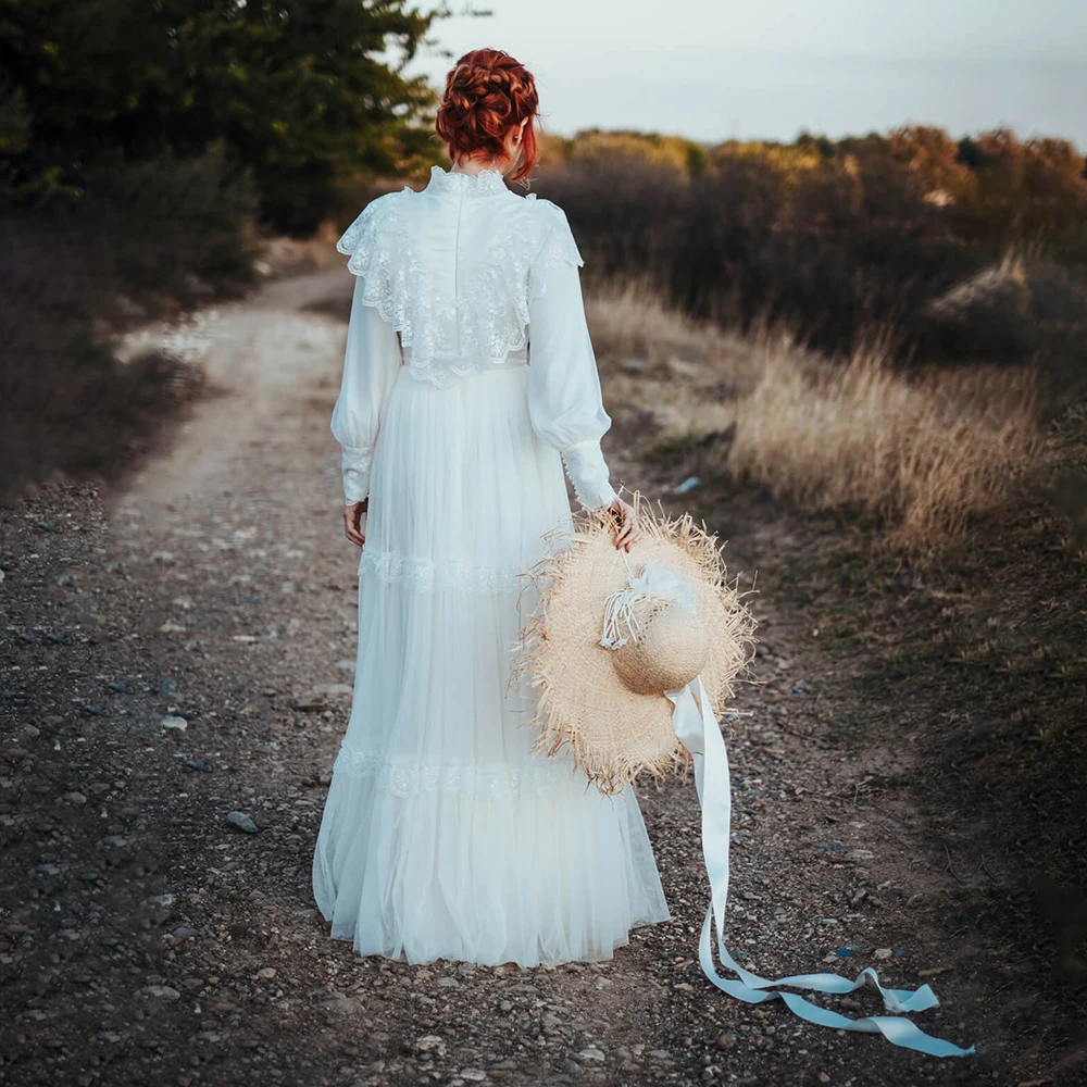 Long Puffy Sleeves Victorian Wedding Dress Custom Made Plus Size Retro A Line High Neck Modest Baptism Vintage Lace Bridal Gown