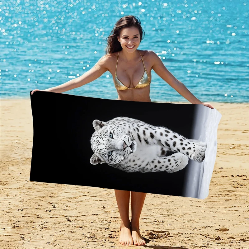 White Leopard Print Beach Towel Super Absorbent Quick Dry Lightweight For Adults Swimming
