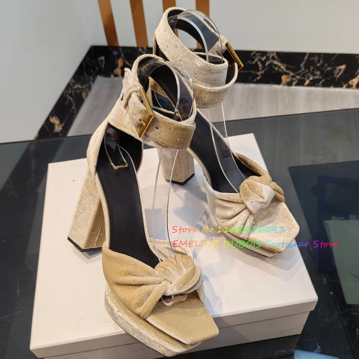 Velvet Chunky Heel Metal buckle Sandals Platform Square Toe Crystal 2023 Latest Runway Fashion High Heel Ankle Strap Sandals