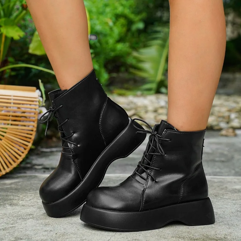 Women Shoes Square Toe Cowhide Spring Autumn Botas Platform Boots Retro Style Winter Shoes Woman Zippers Short Boots Thick Heel