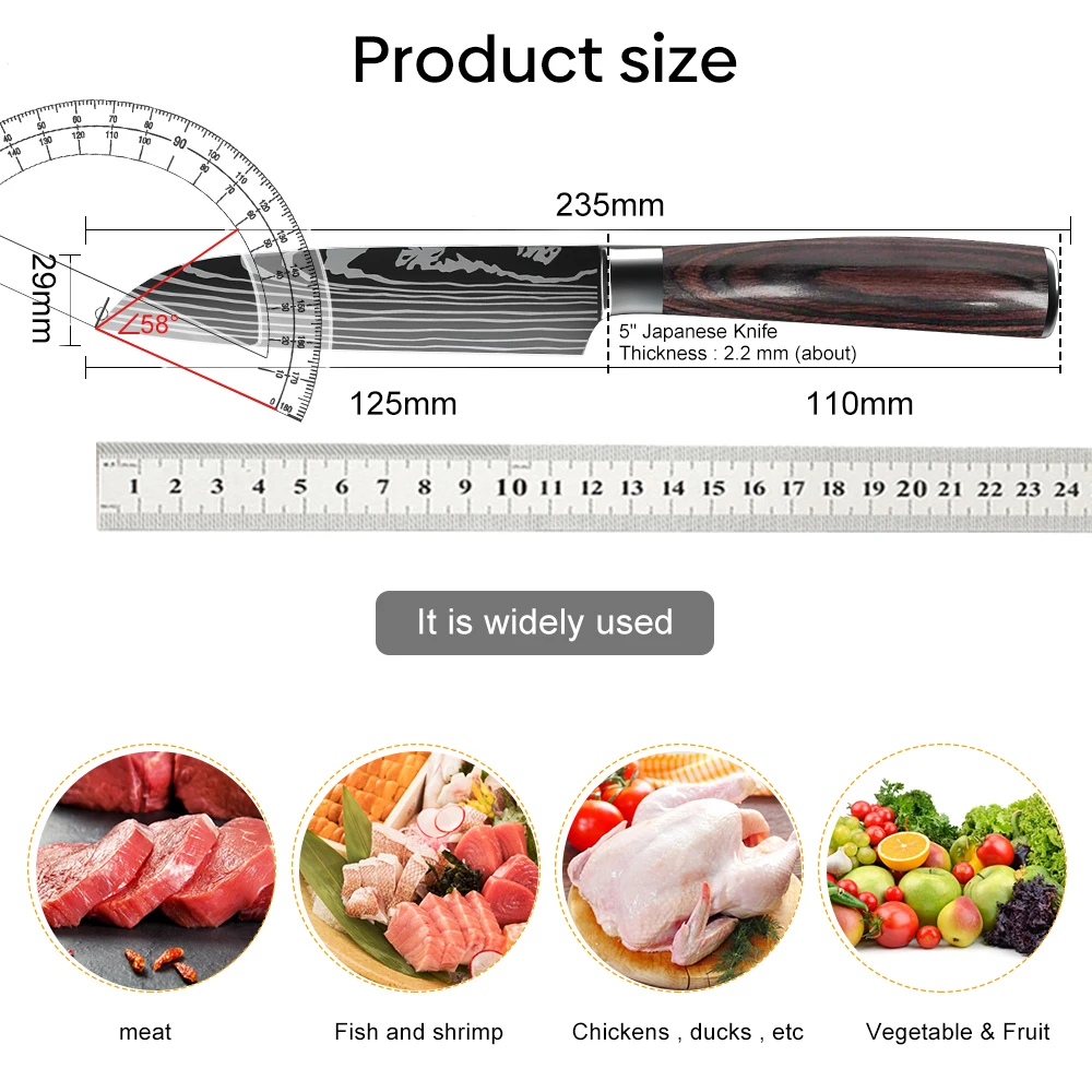 Cuchillo Santoku de alta calidad de 5 pulgadas, cuchillos de cocina de acero inoxidable 7CR17, cuchillo para cortar Ultra afilado para carne, verduras y frutas