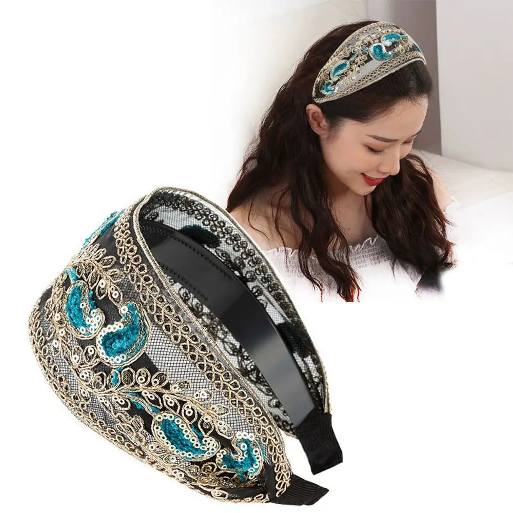 Retro Elegant Sequins Wide Edge Sweet with Tooth Headdress Korean Style Headband Female Hair Hoop Lace Embroidered Headband