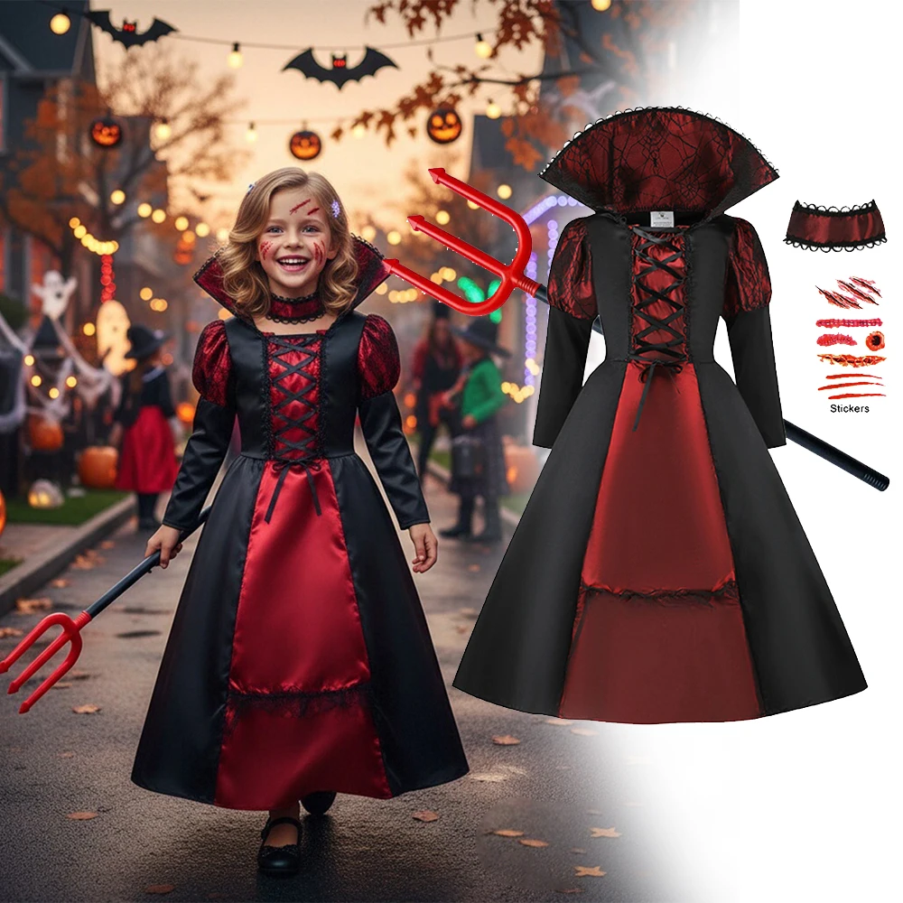 Kids Halloween Devil Vampire Dress Costume Girls Gothic Long Gown with Horn Headband Trident Pumpkin Bag Cosplay Party Outfit