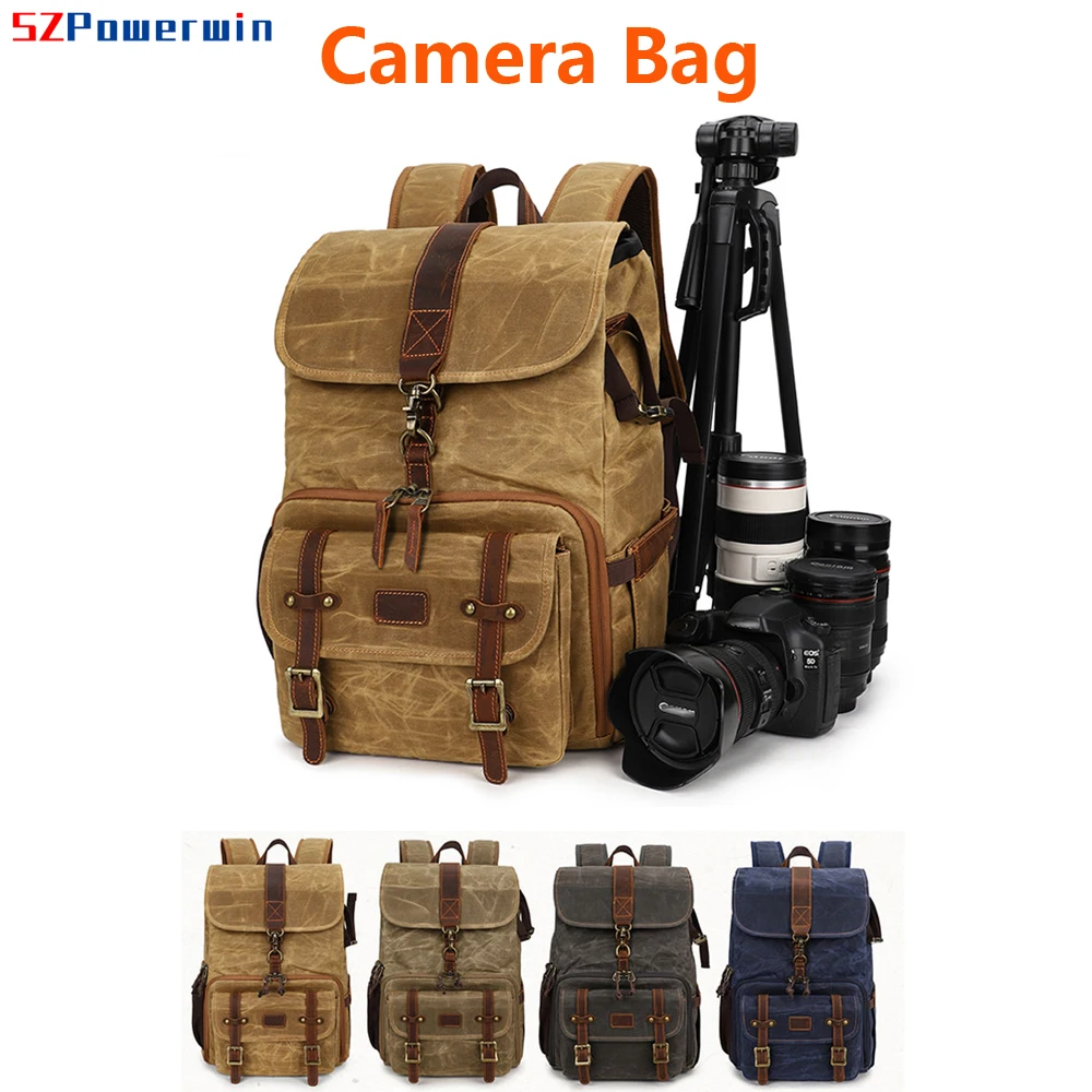 Powerwin Waterproof Batik Canvas DSLR Camera Backpack with Crazy Horse Leather Large Capacity for Lens Laptop and Tripod