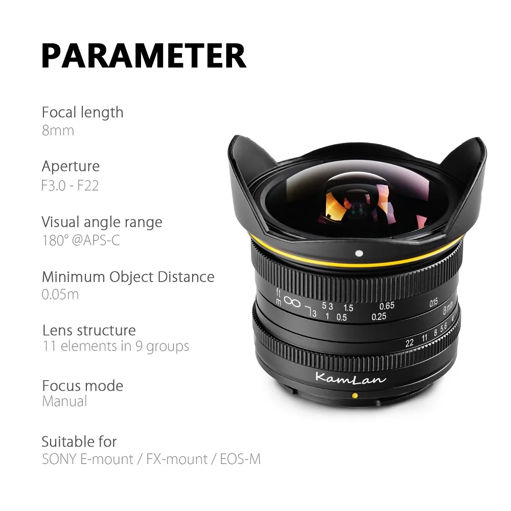 Kamlan 8mm F3.0 APS-C Wide-angle fixed focus Pure Manual lens Mirrorless Camera lens for Canon Fuji Macro 4/3