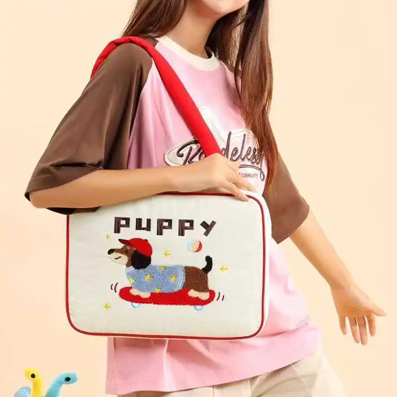OUIO Cartoon Embroidery Design Laptop Bag Portable Shockproof Notebook Handbag For Office Travel Use For Women Fashion