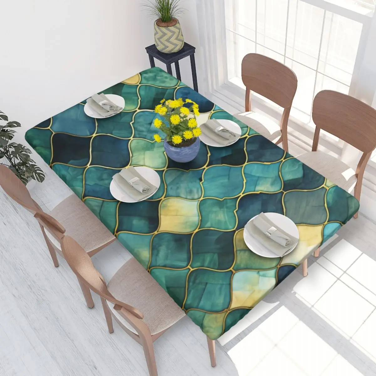 Custom Mint Green Aqua Gold Decorative Morrocan Tile Pattern Tablecloth Rectangular Waterproof Table Cover Cloth for Kitchen 4FT