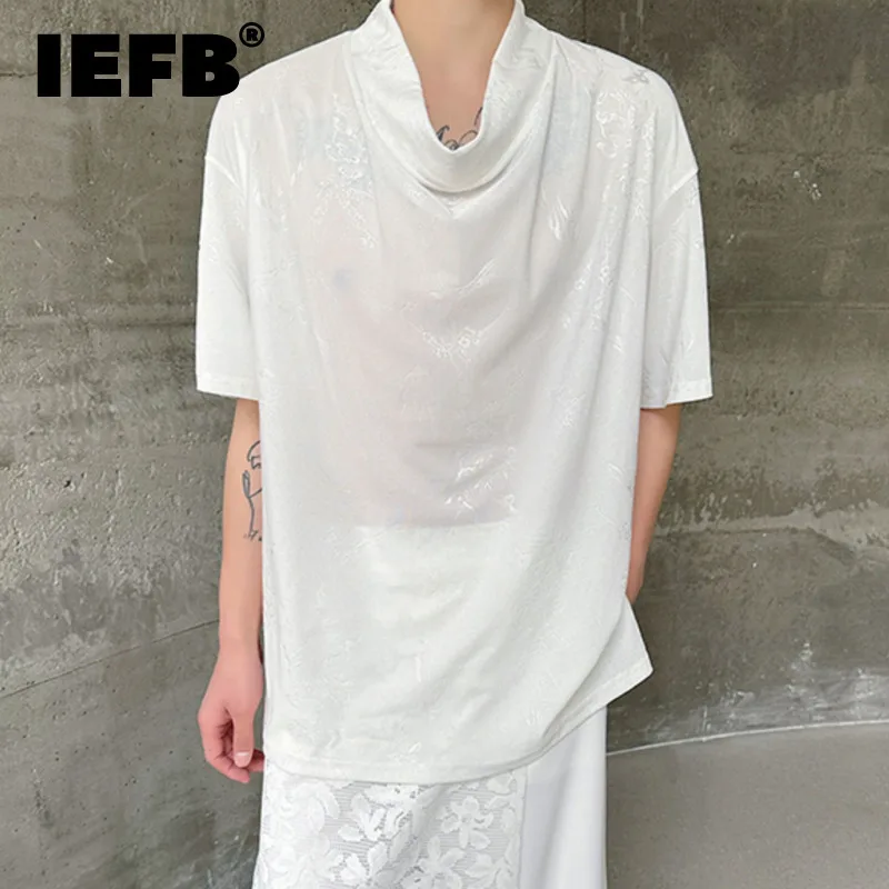 

IEFB Men's T-shirt Short Sleeve Pile Up Collar Pullover Print Casual New Chinese Style Loose Top Thin Stylish Male Wear 9C5786