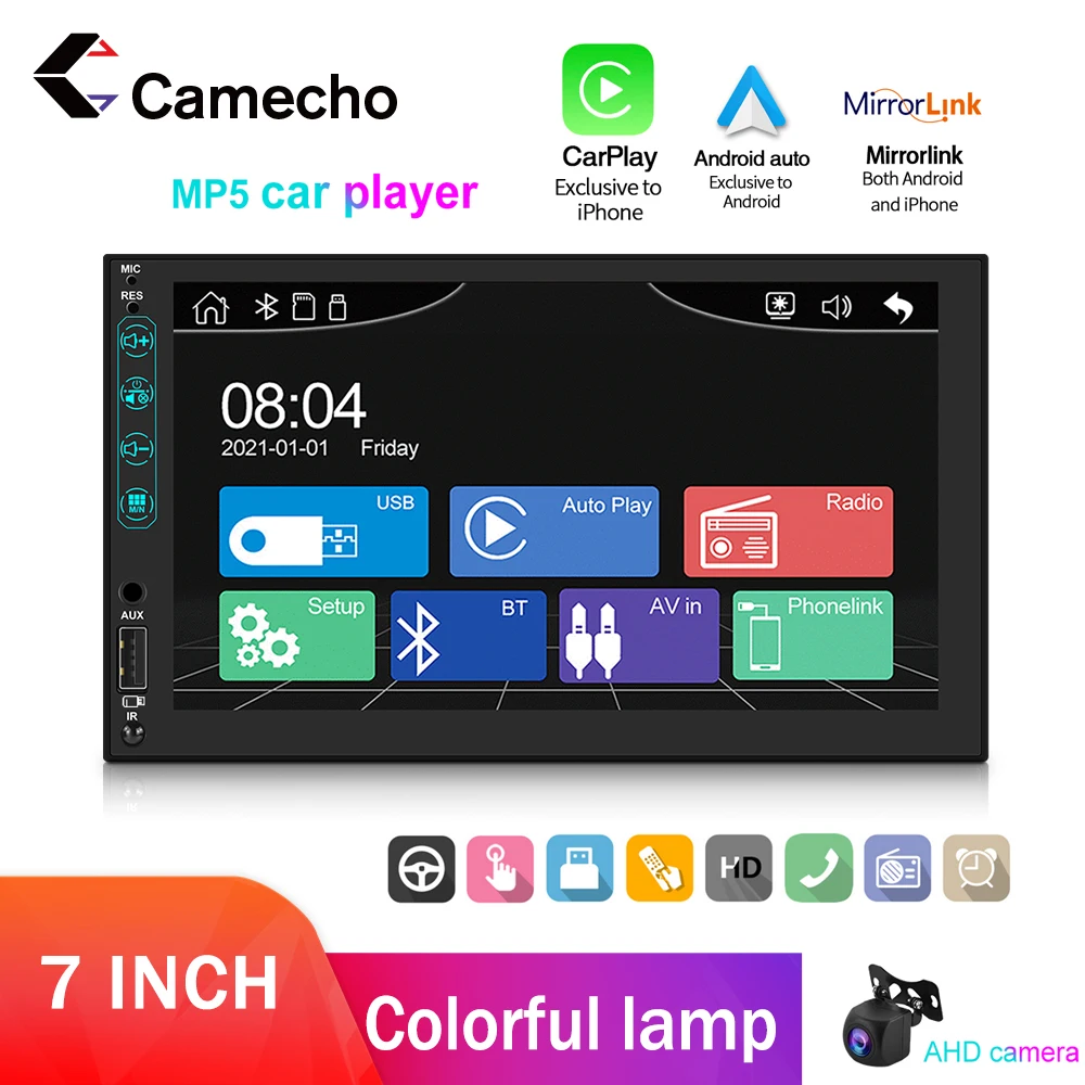 

Camecho 2 Din Carplay Car Radio Android Auto MP5 Video Player Bluetooth USB 7" Touch Screen Stereo Audio Head Unit AHD camera