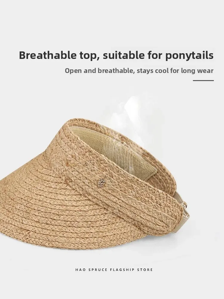 Lafite Straw Summer Breathable Women's Hat Sunshade Empty Top Casual Style Khaki Color Versatile All-Match Large Brim Cap