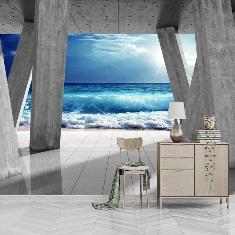 Custom Size Photo Wallpaper Modern Stone Pillar Sea Wave Landscape Photo Wall Murals Living Room Dining Room Waterproof Mural