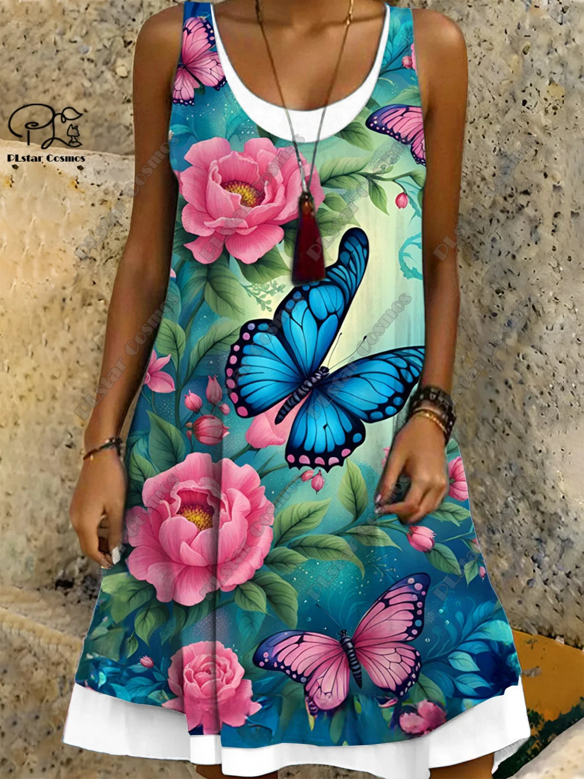 PLstar Cosmos 3D Printed Retro Pattern Women's Sleeveless Dress Summer Casual Beach Dress Holiday Style Collection S-28