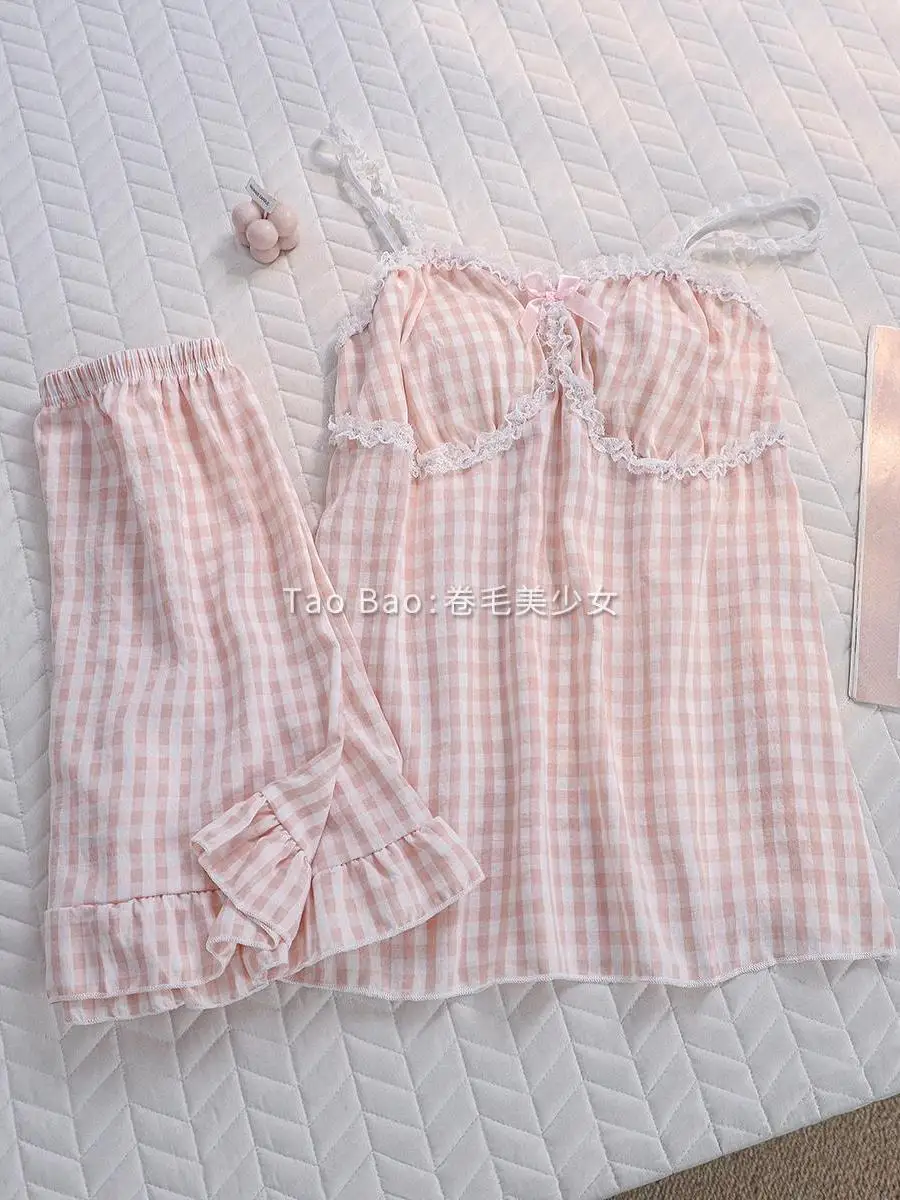 Summer New Japanese Original Sweet Princess Style Suspender Pajamas Set Cute Girl Lace with Chest Pad Loungewear