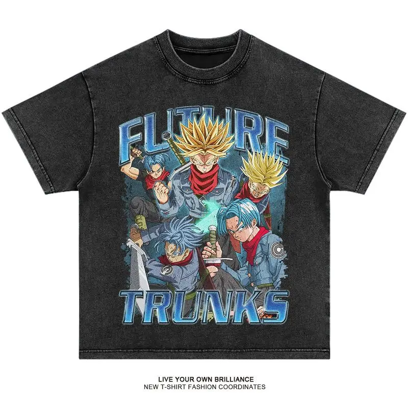 

Summer New Retro Black Washed T-shirt Anime Printed T-shirt for Men and Women Short Sleeve Top Hip Hop Street Wear